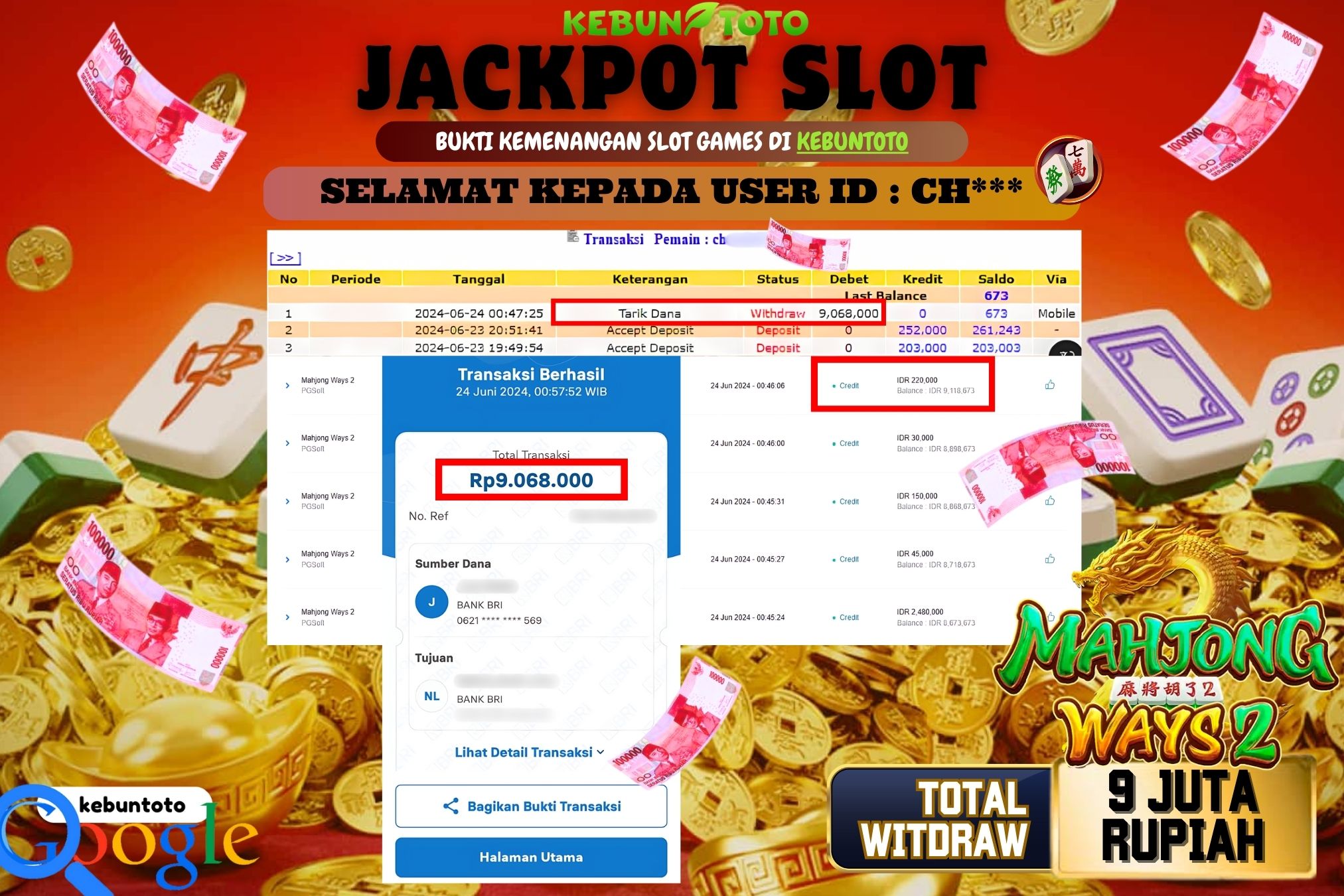 KEBUNTOTO JACKPOT SLOT MAHJONG WAYS 2 Rp.9.068.000,- LUNAS