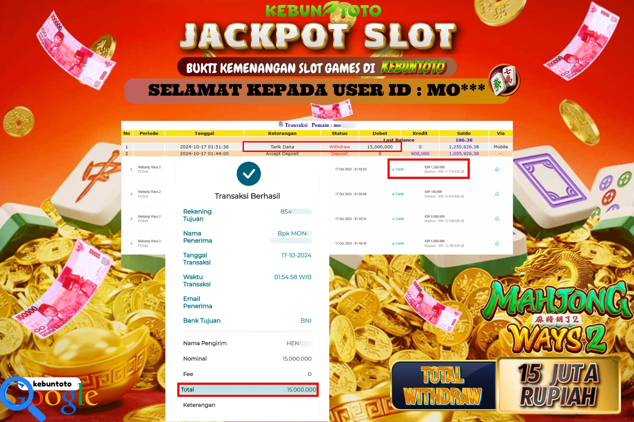 KEBUNTOTO JACKPOT SLOT MAHJONG WAYS 2 Rp.15.000.000,- LUNAS