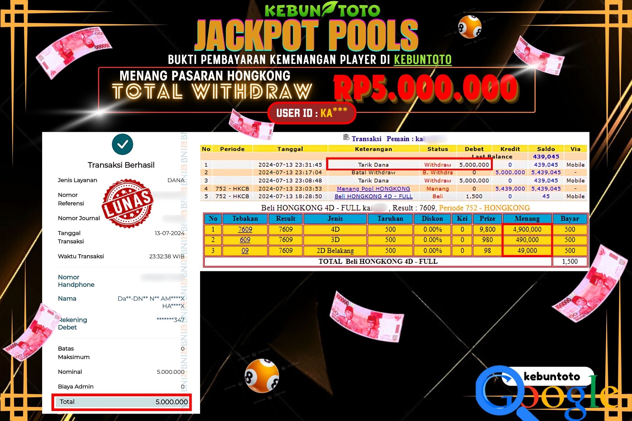 KEBUNTOTO JACKPOT TOGEL PASARAN HONGKONG Rp.5.000.000,- LUNAS