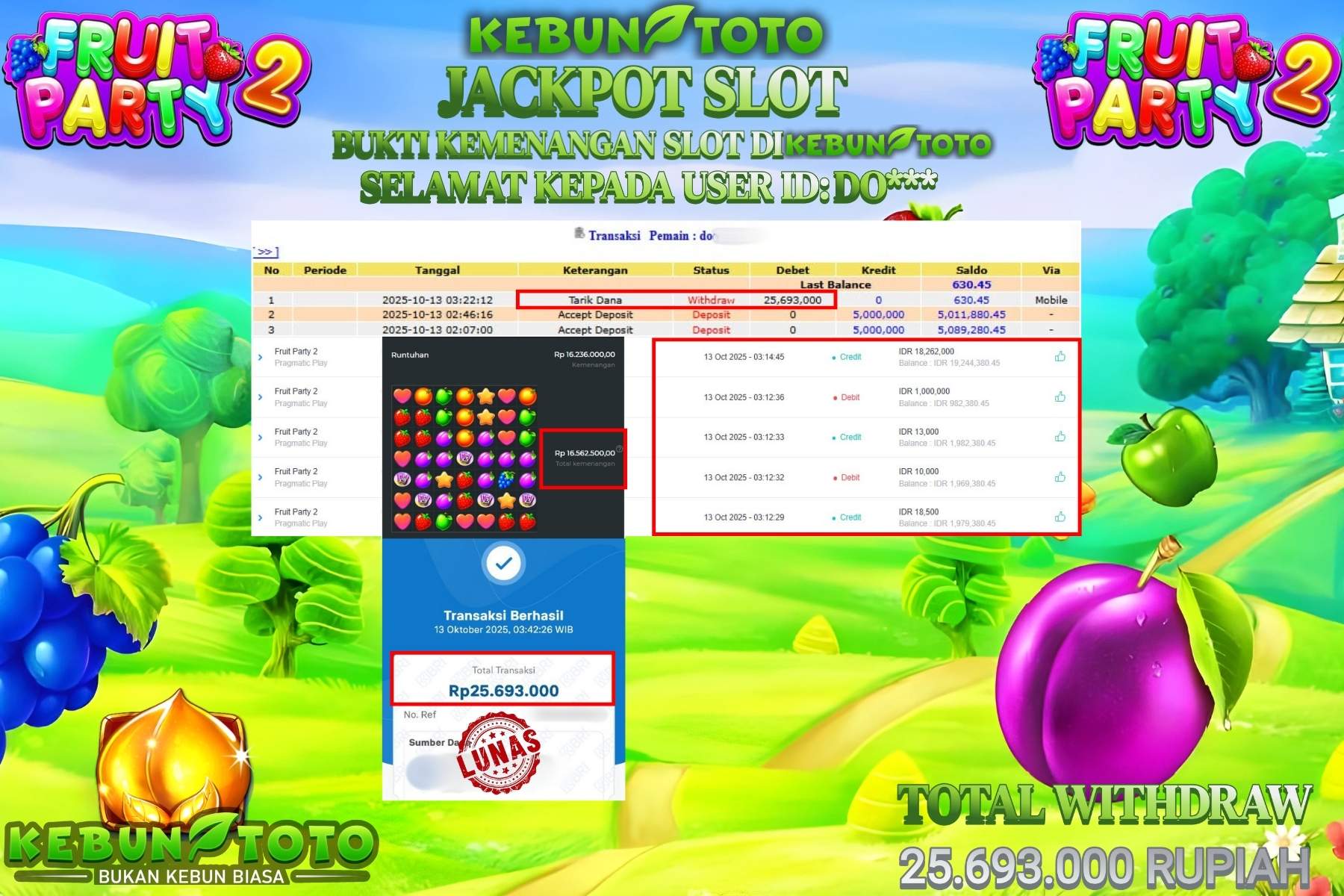 Bukti Kemenangan Rp 25.693.000 SLOT FRUIT PARTY 2 di KEBUNTOTO!
