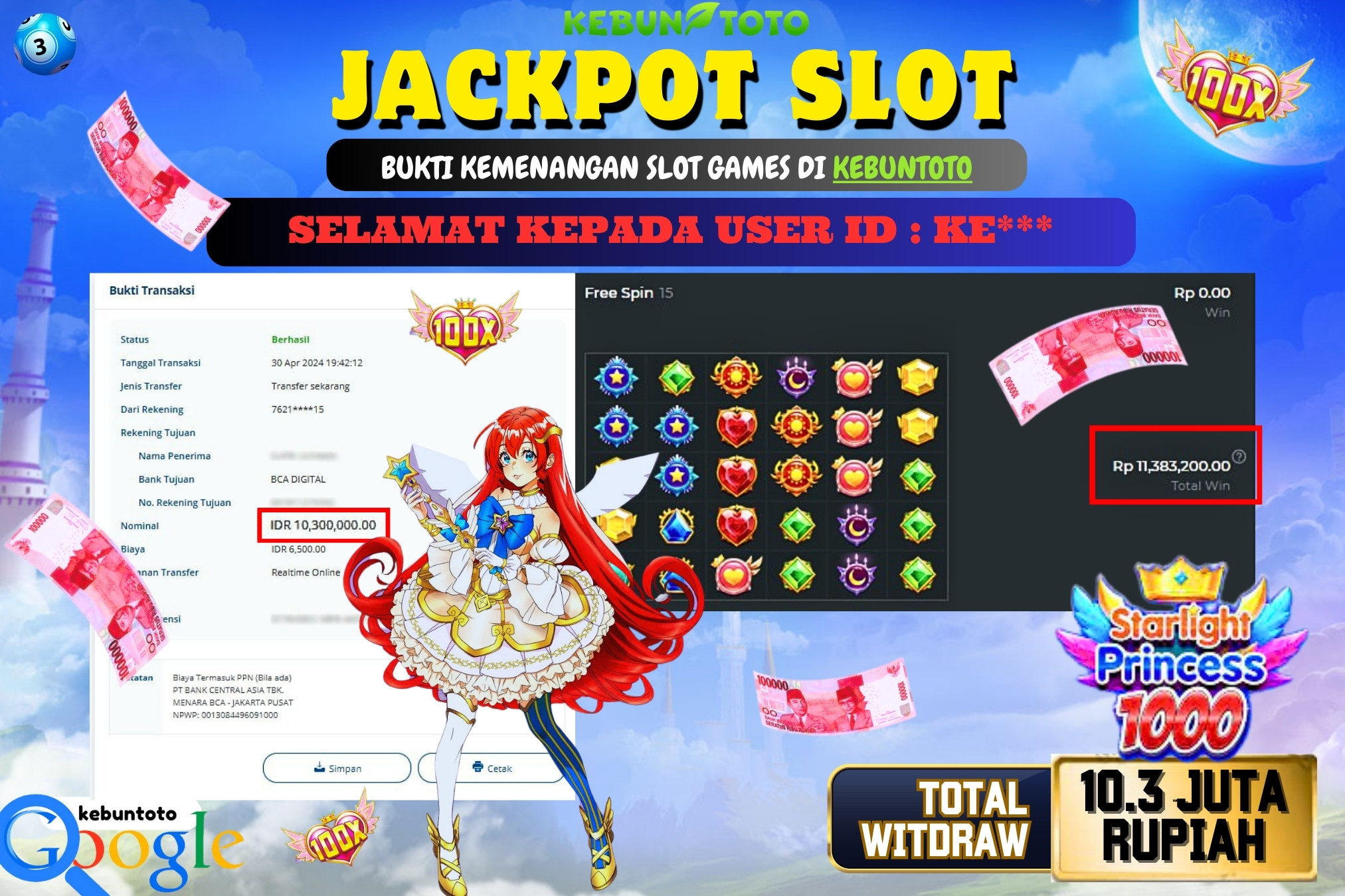 KEBUNTOTO JACKPOT SLOT STARLIGHT PRINCESS 1000 Rp.10.300.000,- LUNAS