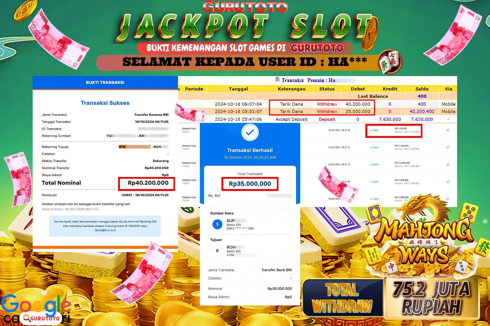 Jackpot Slot Mahjong Ways di Gurutoto sebesar Rp.75.200.000 dibayar lunas.