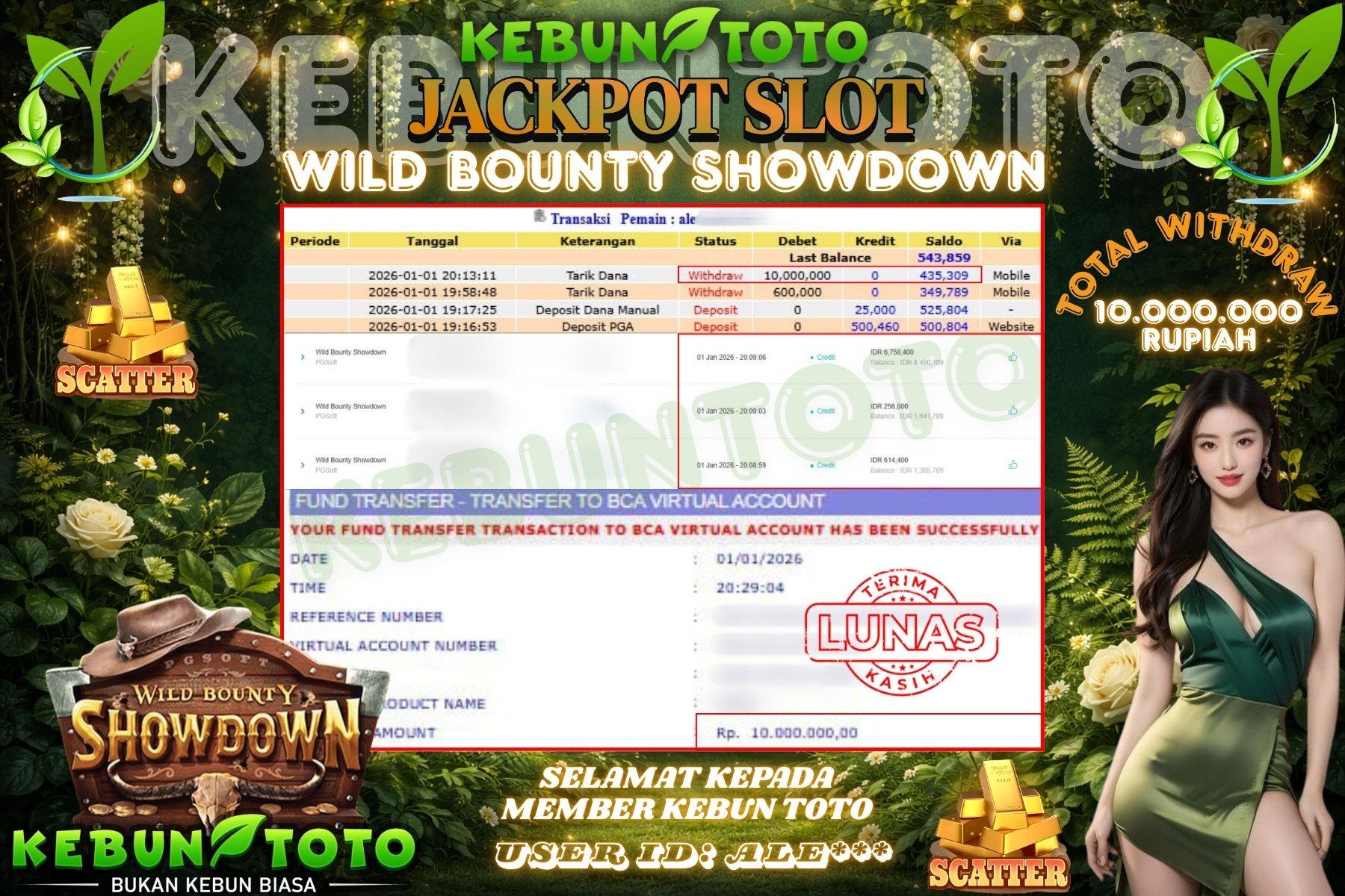 Bukti Kemenangan Rp 10.000.000 SLOT WILD BOUNTY SHOWDOWN di KEBUNTOTO!