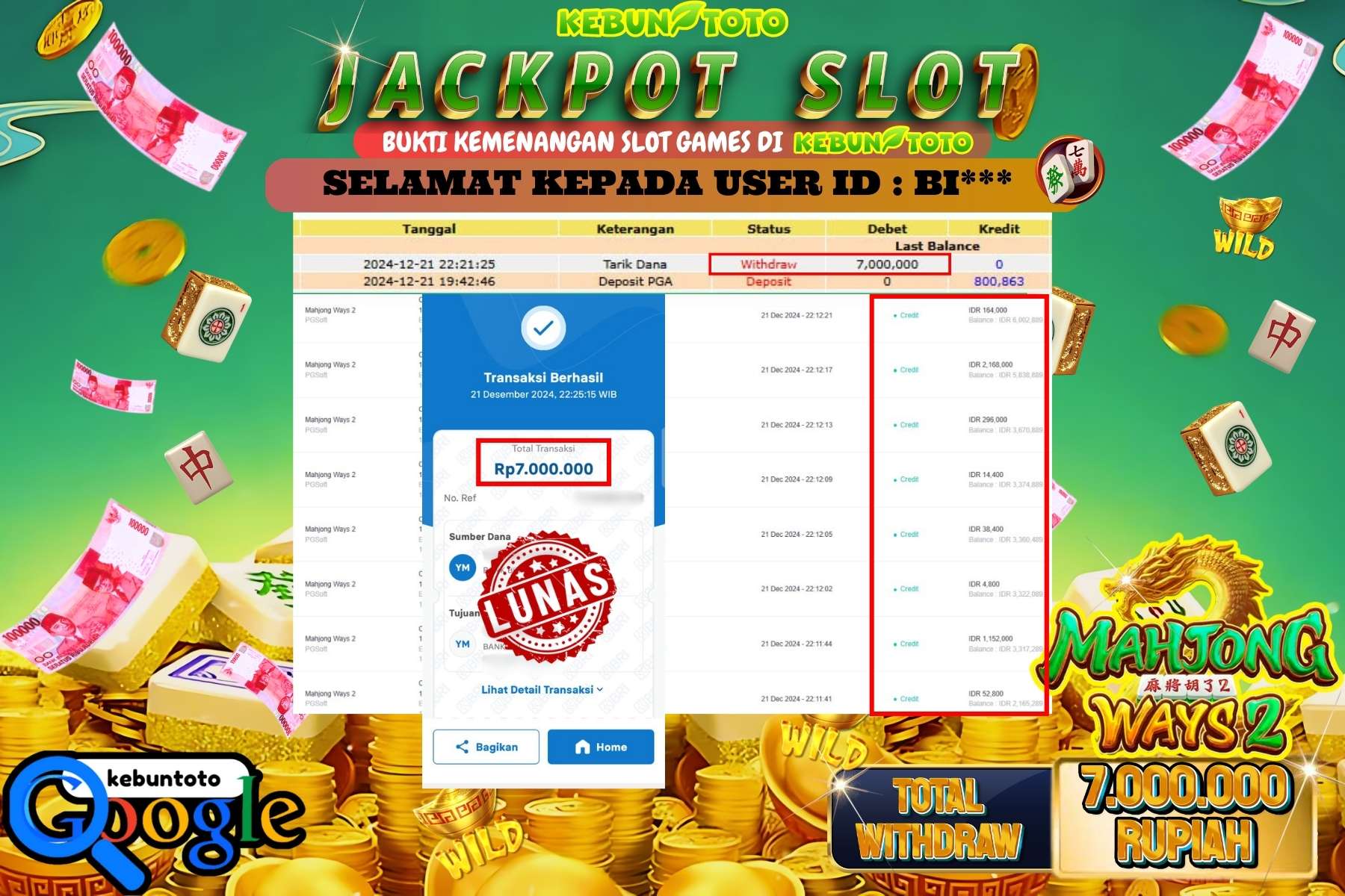 KEBUNTOTO JACKPOT SLOT MAHJONG WAYS 2 , Sebesar Rp.7.000.000,- LUNAS