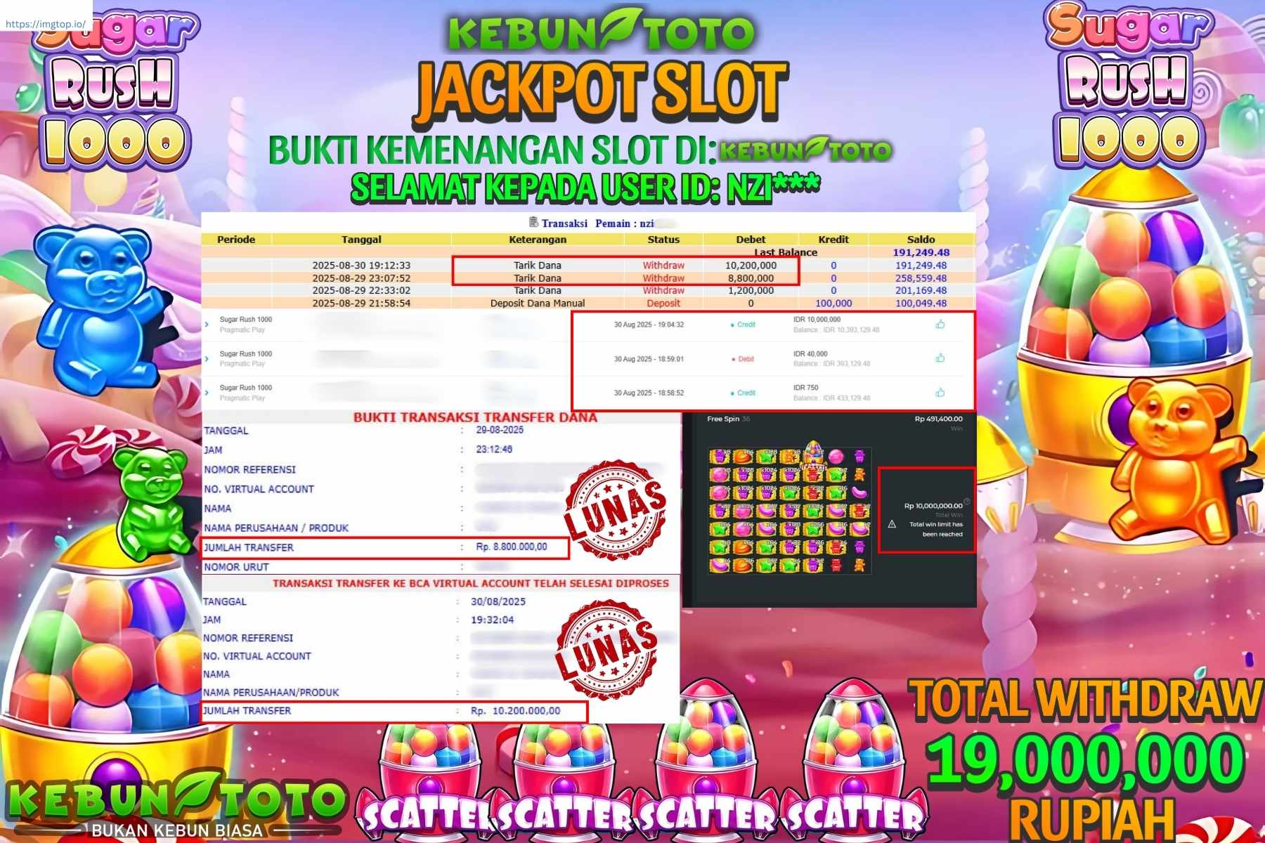 Bukti Kemenangan Rp 19.000.000 SLOT SUGAR RUSH 1000 di KEBUNTOTO!