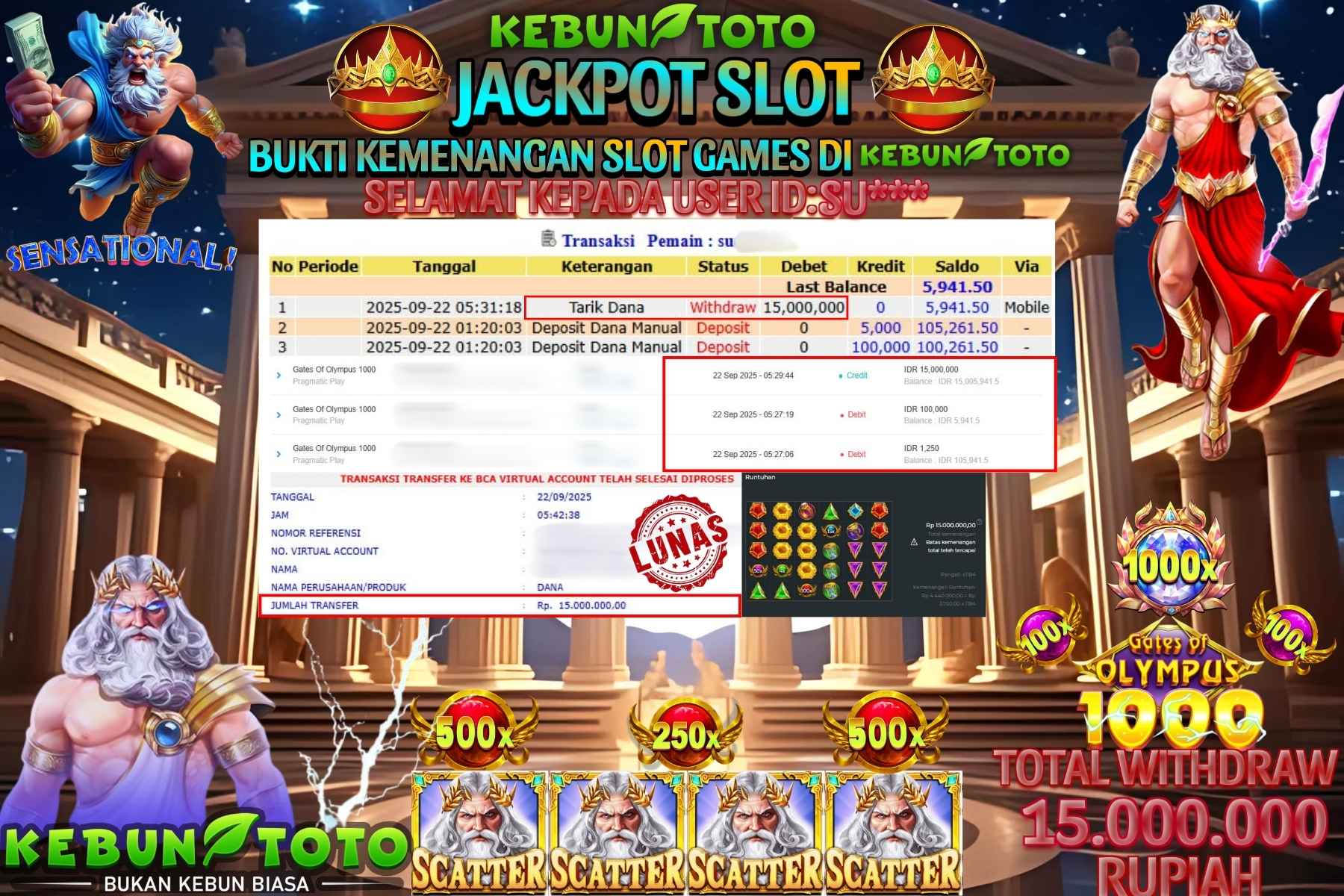 Bukti Kemenangan Rp 17.000.000 SLOT GATES OF OLYMPUS 1000 di KEBUNTOTO!