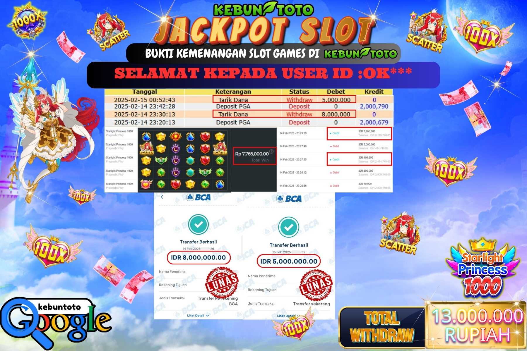 KEBUNTOTO JACKPOT,  SLOT STARLIGHT PRINCESS 1000 , Sebesar Rp 13.000.000,- LUNAS